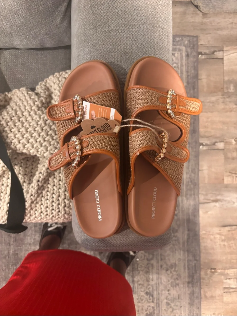 Women’s Woven Tan Buckle Slide Sandals